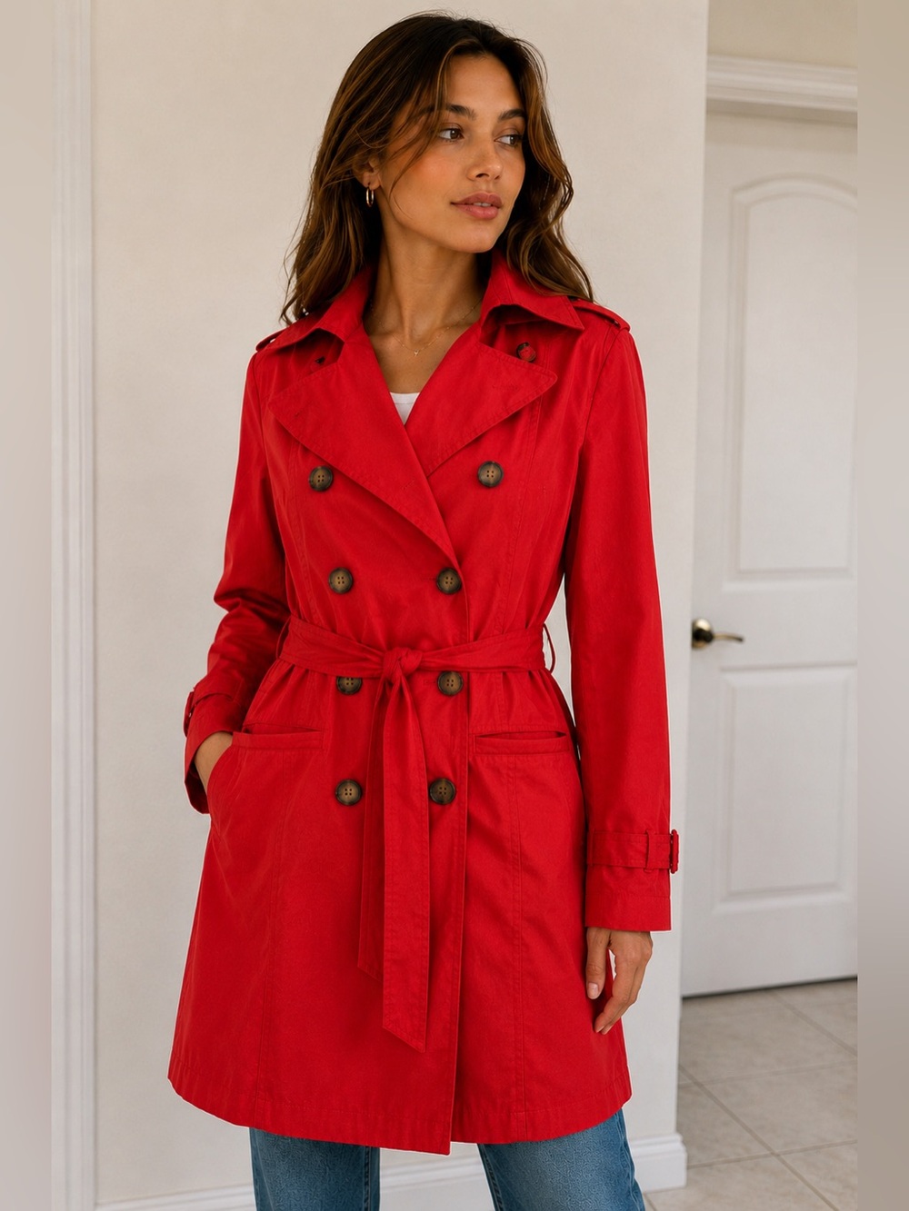 Cynthia Rowley Red Double-Breasted Classic Modern Trench Coat